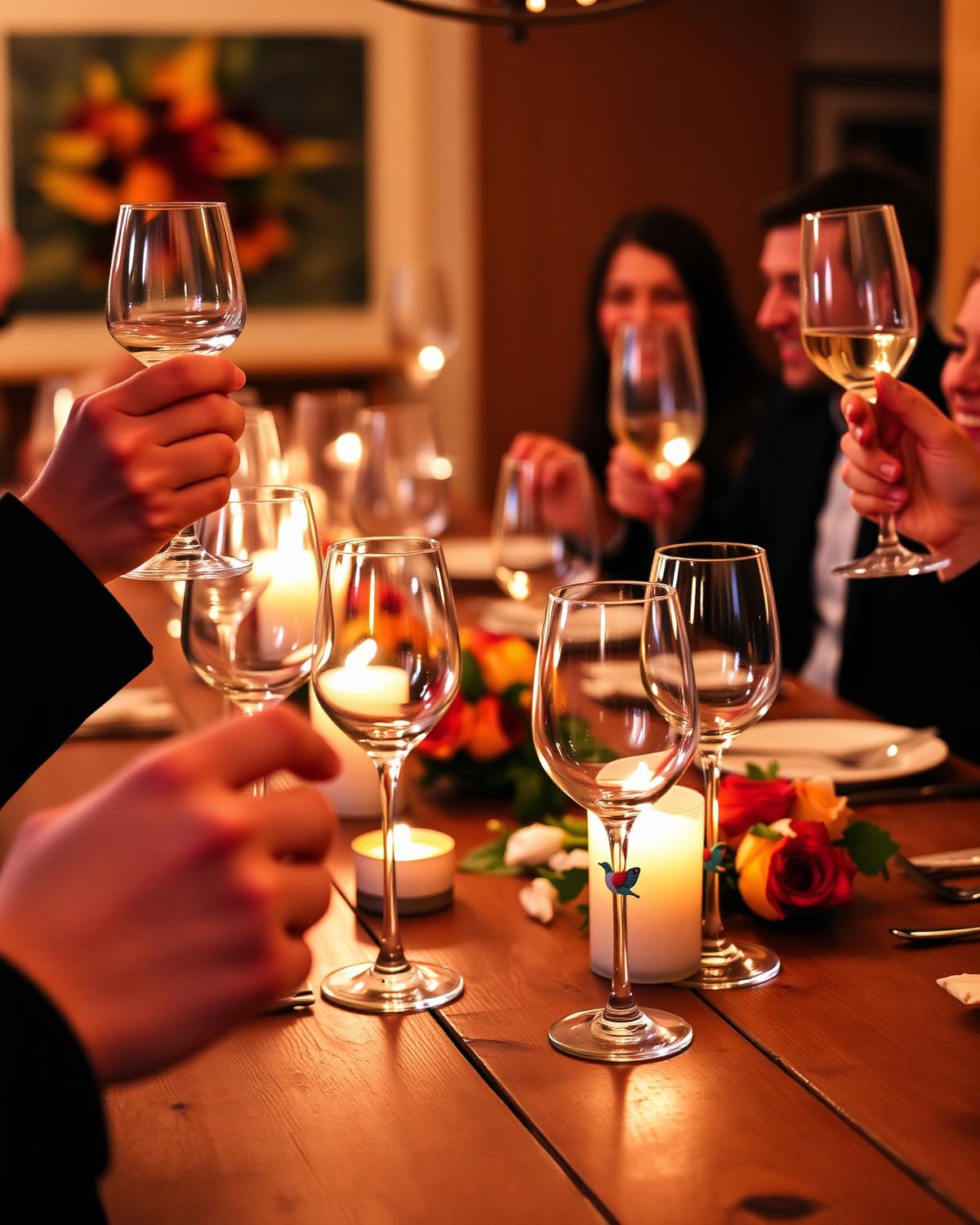 Friends toasting at a candlelit dinner party
