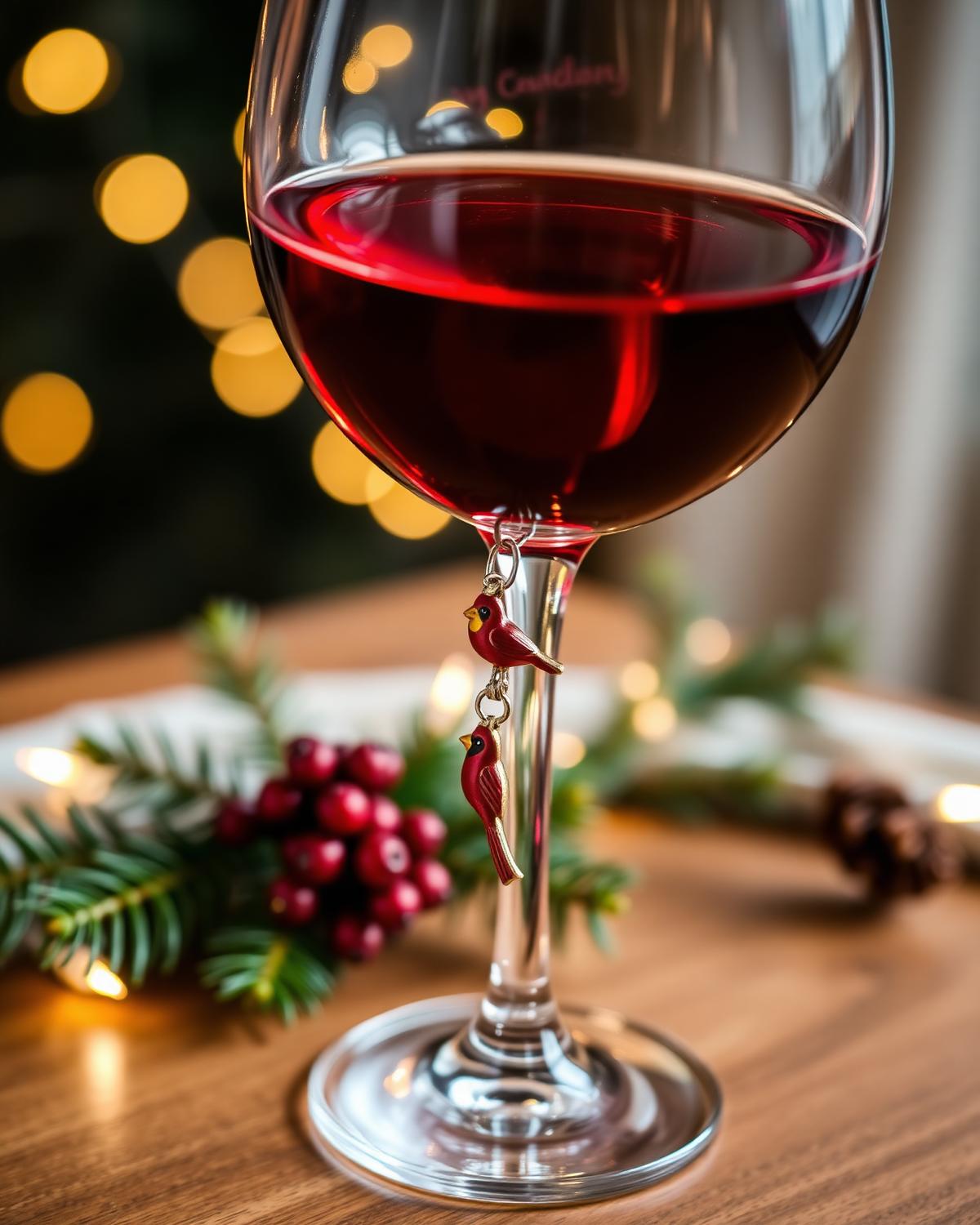 Cardinal charm on a wine glass at a holiday table